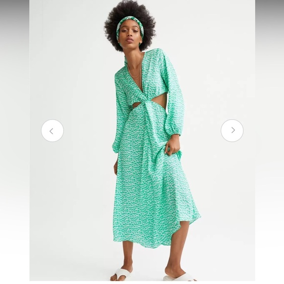 H&M Ballooned-Sleeve Green Print Cut-Out Crepe Dress - Picture 1 of 15
